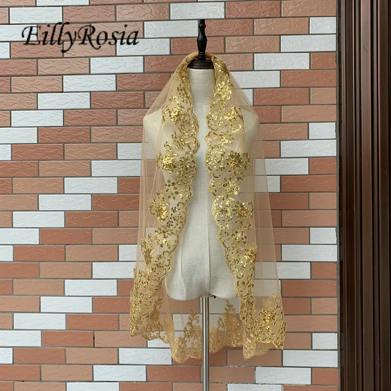 

6 Colors Sequined Lace Gold Bridal Veils With Comb One Layer Elegant Bride Veils Short Tulle Bridal Accessories Veu de Noiva