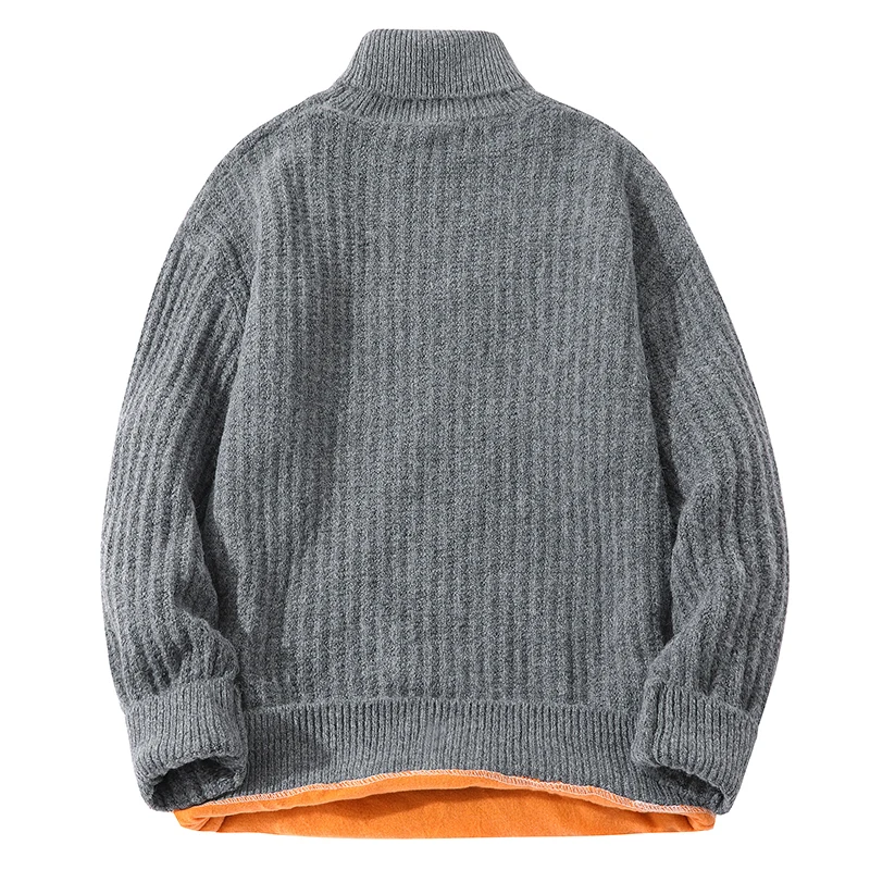 Men's Fleece Turtleneck Sweaters Solid Color Long Sleeve Striped Knitted Sweaters Winter Thicken Warm Jumper Men