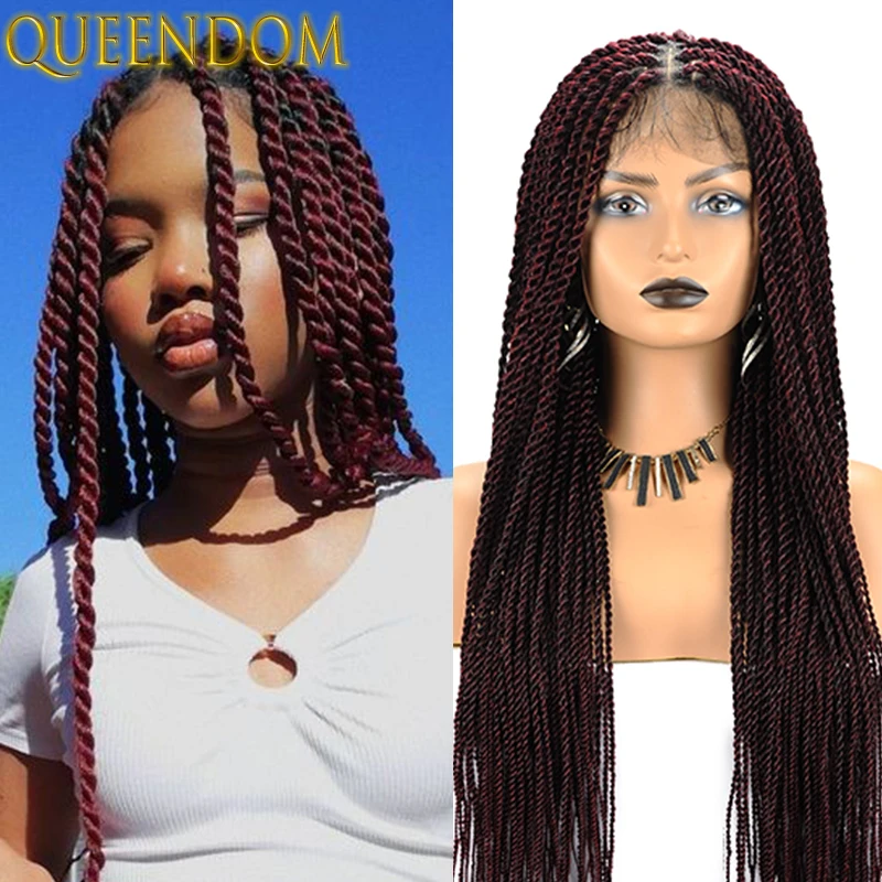 

26 Inch Senegalese Twist Braided Wigs Ombre Burgundy Box Braids Lace Front Wig with Baby Hair Full Lace Synthetic Braided Wigs