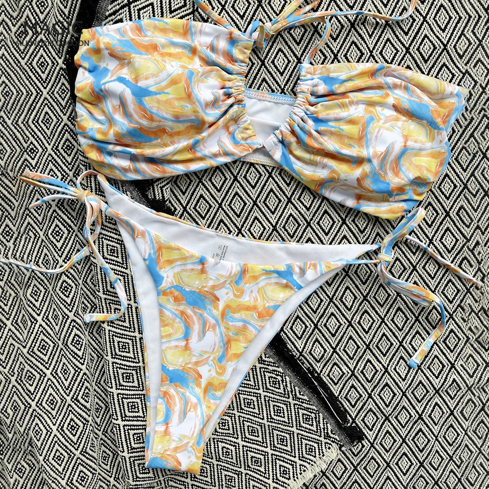 

Plus Size Big Cups Swimwear Bikini Set Women Two Piece Floral Swimsuit High Waist Hollow Out Padded Bather Biquini Swimsuit New
