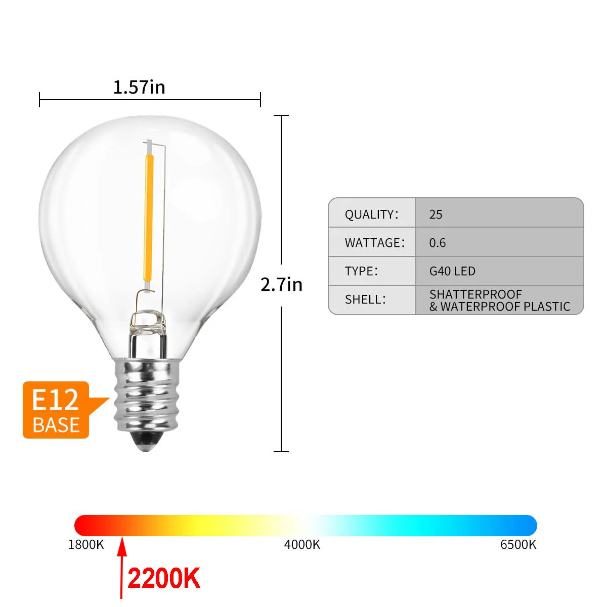 야외 G40 LED 스트링 전구, 글로브 교체 LED 전구, 220V E12 베이스 소켓, 백열 전구, 정원 장식, 25 개/로트