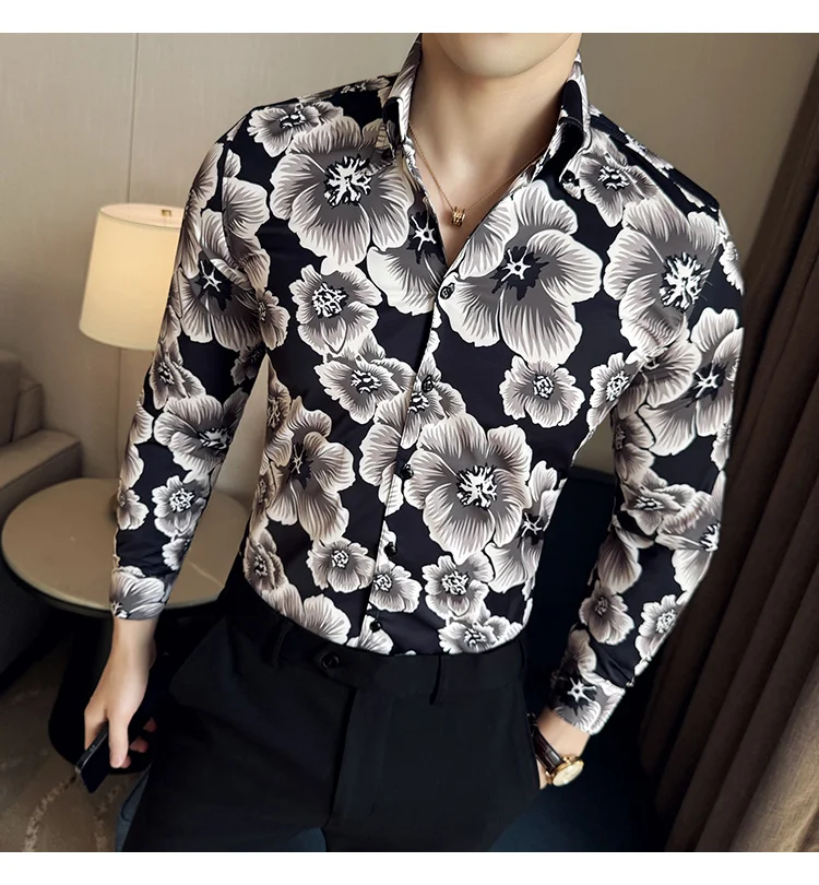 Description Picture 5 of itemLuxury Long Sleeved Flower Printed Shirt for Men Korean V-Neck Slim Fit Men's Tuxedo Shirts Plus Size Prom Floral Men Clothing