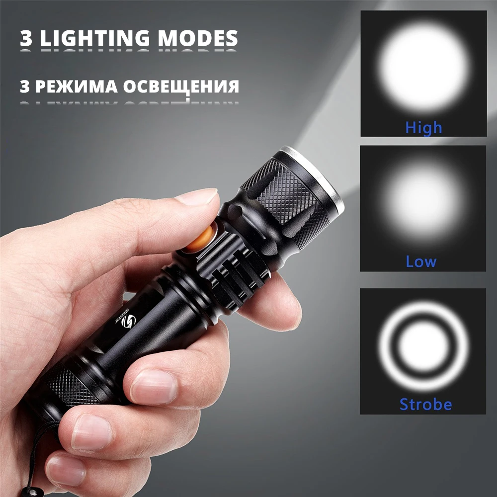 Powerful LED Flashlight With Tail USB Charging Head Zoomable waterproof Torch Portable light 3 Lighting modes