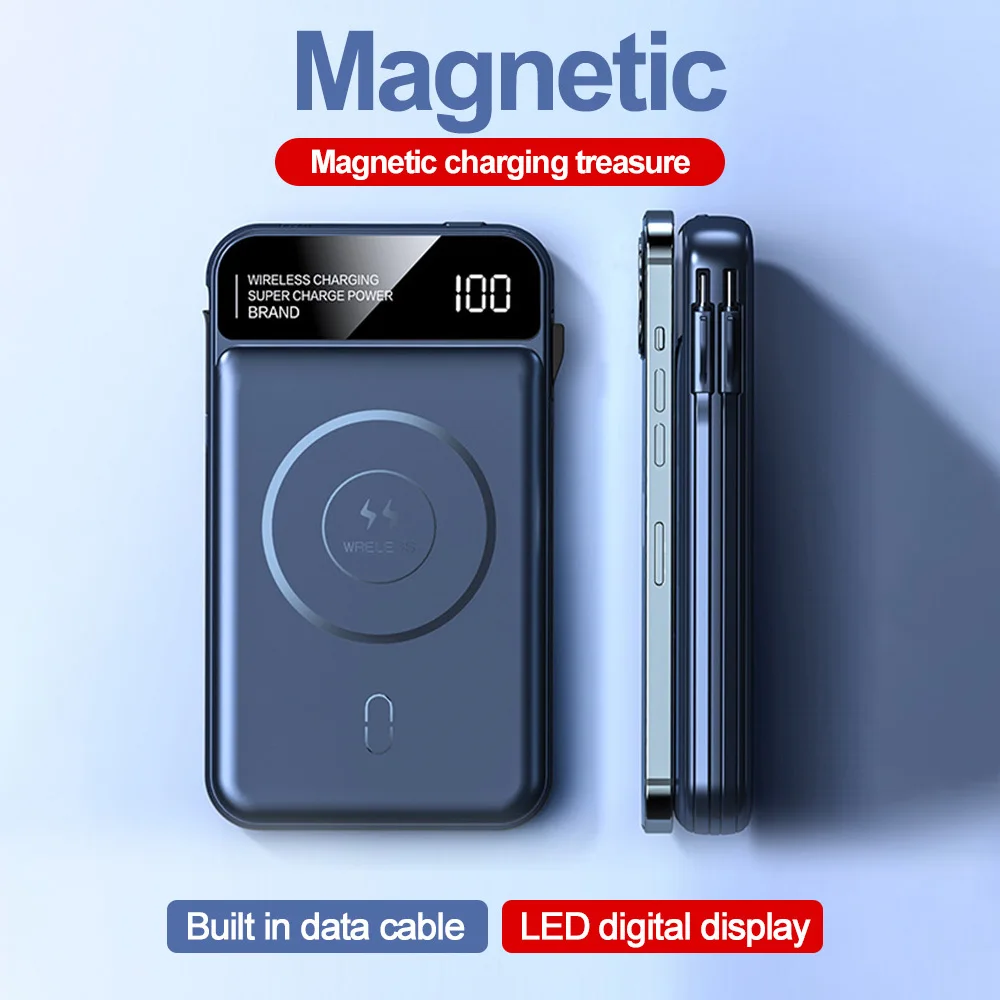 

10000mAh Magnetic Power Bank Беспроводное зарядное устройство для iPhone 13 Pro Max 12Pro Samsung с кабелем Внешняя вспомогательная батарея