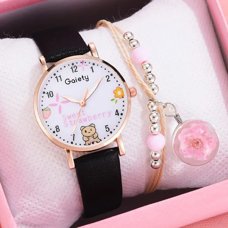 2pcs Set Bracelet Watch For Women Unique Cartoon Pattern Pink Girls Watch Fashion Leather Ladies Quartz Clock Reloj Mujer No Box 