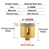 M10 tige de filetage 6-68mm scie cloche pour carrelage de marbre brasé sous vide diamant foret pour granit porcelaine brique foret outil 2