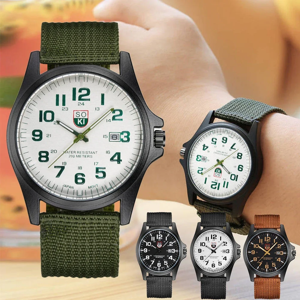Men's Brown Nylon Strap Quartz Watch - Stylish Round Dial with Date Display