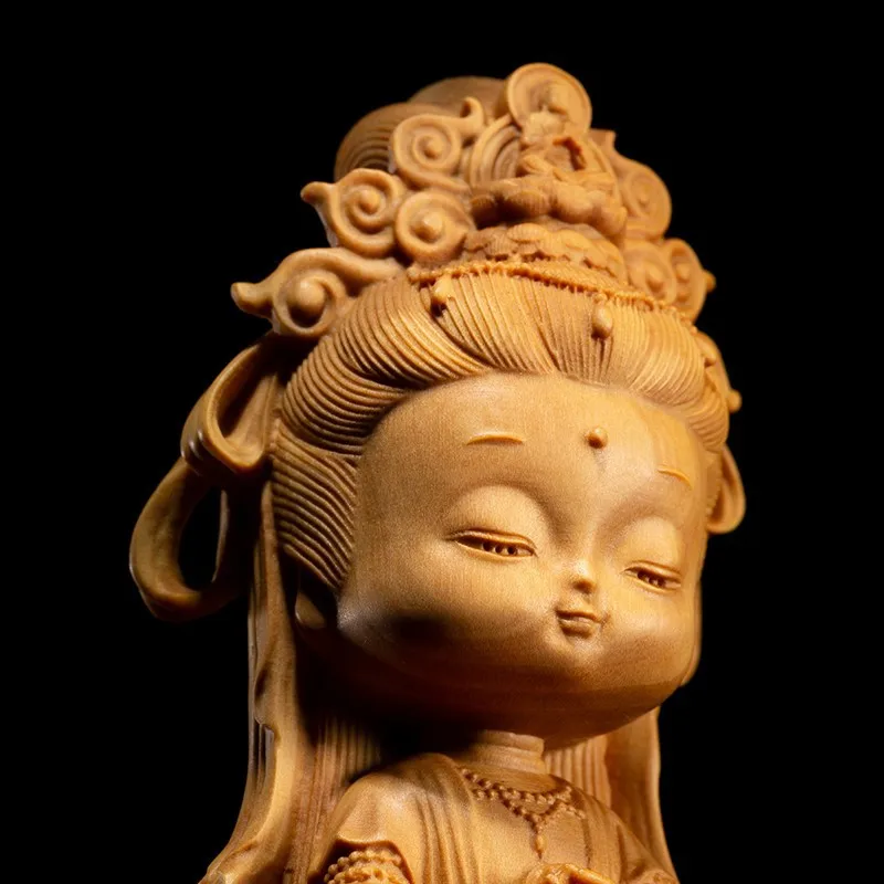 Woodcarving Cartoon Guanyin Statue, Hand Carving, Solid Wood, Buddhist Feng Shui, Home, Room, Office Decoration, 24514
