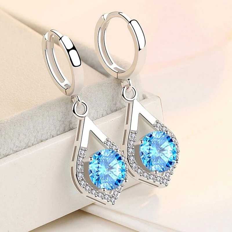 Luxury Drop Round Zircon Earrings for Women Sapphire Girl Fashion Jewelry High Polish Marriage Gift Banquet Water Drop Eardrop