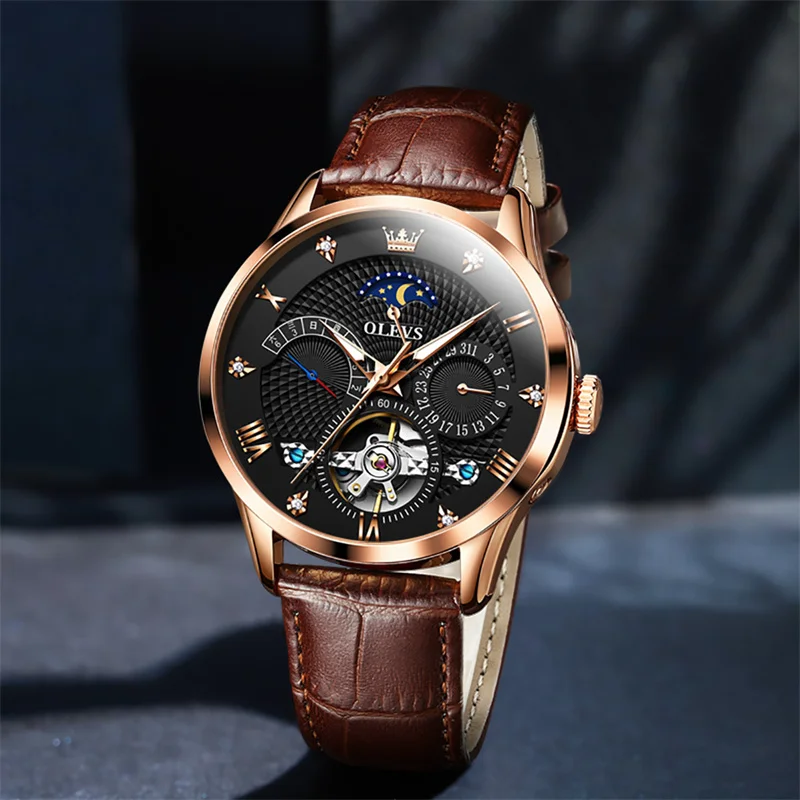 OLEVS Men Watches Top Brand Luxury Leather Tourbillon Mechanical Sport Watch For Men Fashion Date Waterproof Clock Reloj Hombre