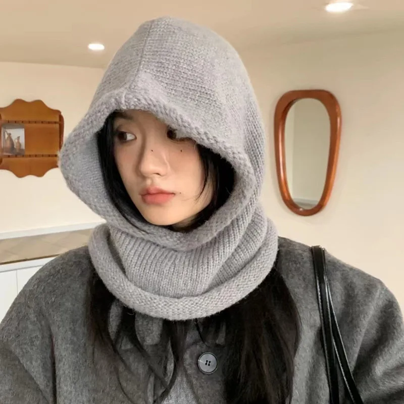 Japanese Retro Balaclava Hat Women Scarf Winter Hat and Neck Cold Proof Warm Knit Cap Female Fashion Color Matching Women's Hats
