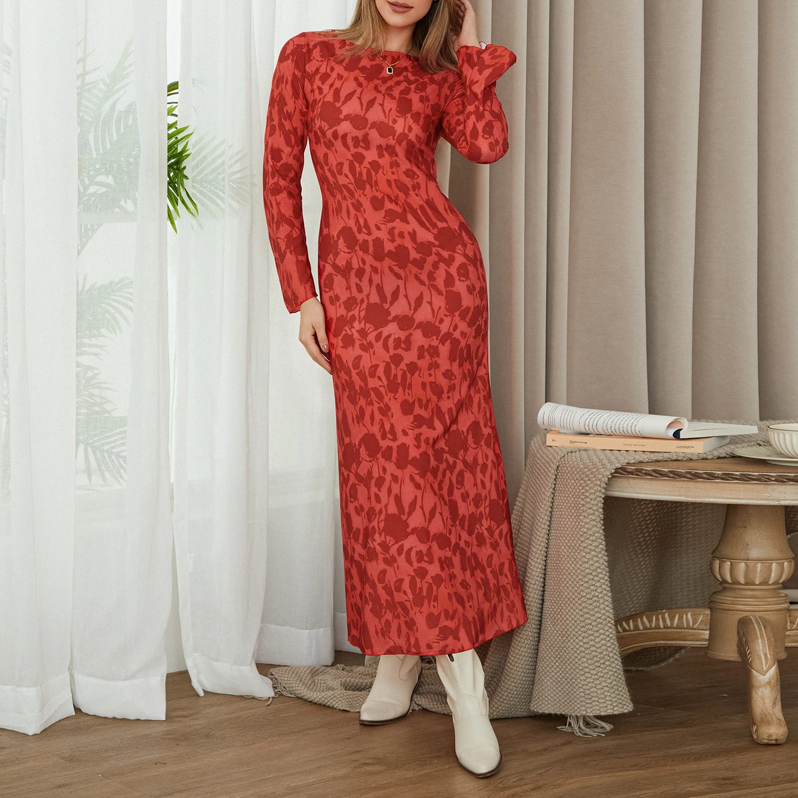 

Women Y2k Boho Long Sleeve Maxi Dress Floral Zebra Print Flared Cuff Ruffle Long Dress Casual Crewneck A Line Dress Streetwear