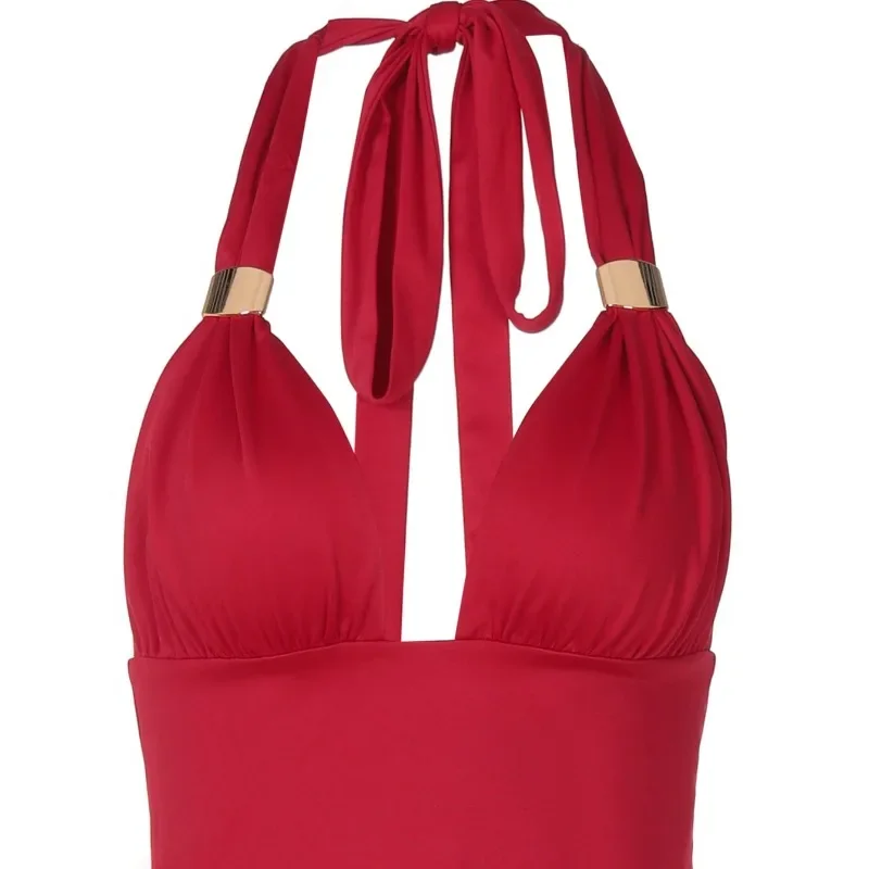 Y2K Spring and Summer New Fashion Women's Deep V Camisole Sexy Open Back Halterneck Lace-up Metal Buckle Bandeau Solid Color Top