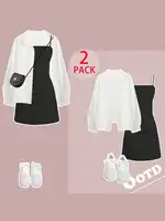 Plus Size Pendant Pleated Dress White Shirt Holiday Casual Two Piece Suit Teenage Style Graduation Season Sweetie
