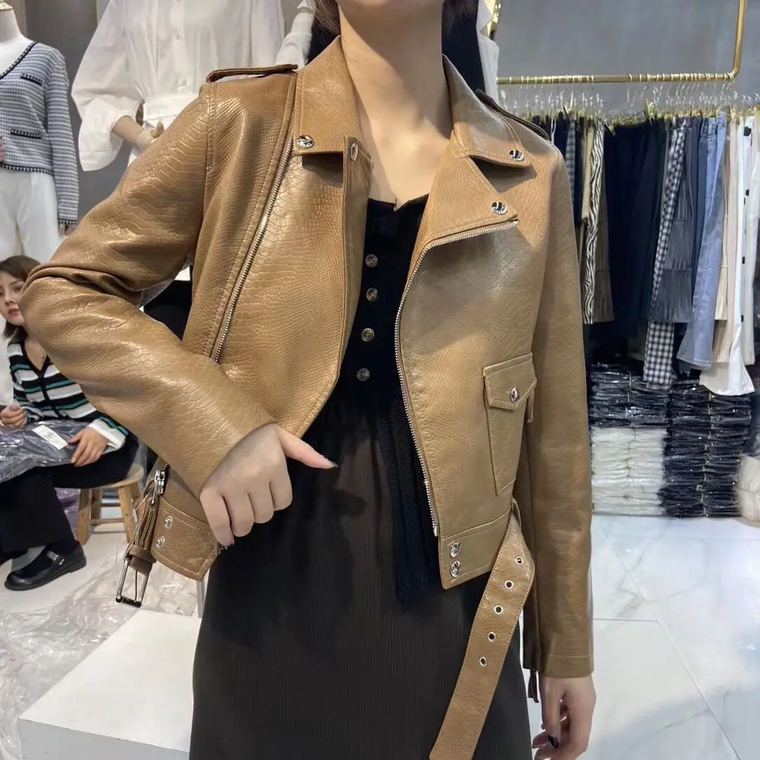 

Korean style Leather Coat Women's Short Spring Autumn Pu New Korean Version Slim Wear Brown Jacket