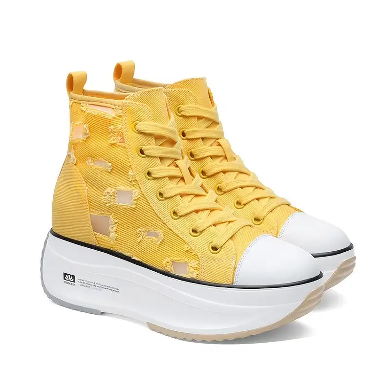 

Women's Ripped Detailed Sneakers, Round Toe Hidden Wedge Canvas Shoes, Platform High Top Sneakers