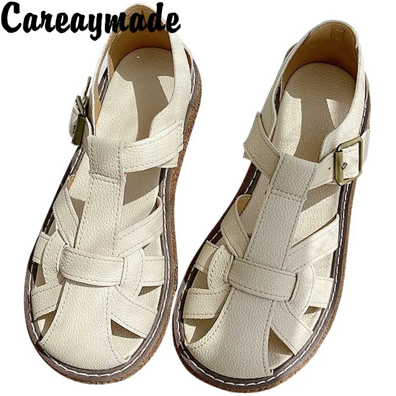 careaymade-roman-sandals-women's-big-head-summer-new-retro-woven-one-line-belt-hollow-out-leisure-beach-shoes-women's-art-shoes