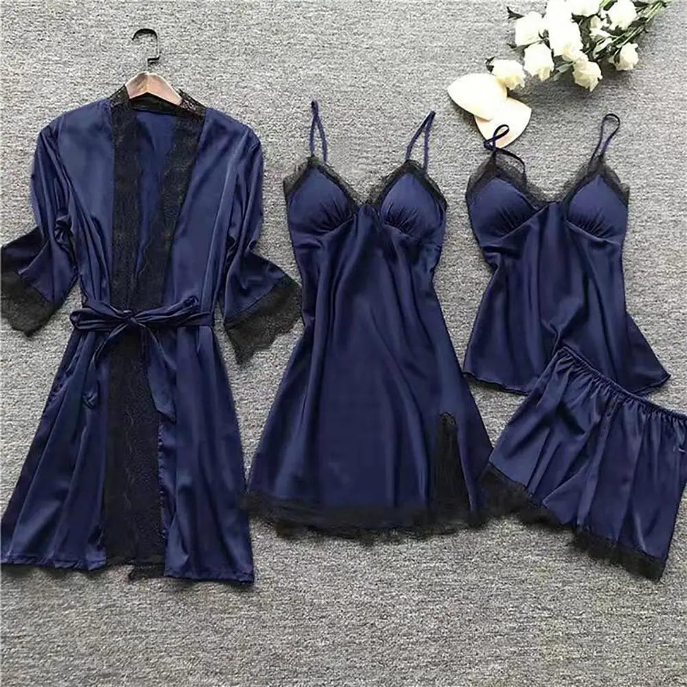 

Women Silk Pajamas Silky Lace Pajamas Set with Spaghetti Strap Top Pleated Cardigan Coat 4 Piece Homewear Set for Women Lace