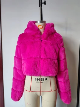 Short Hooded Faux Rabbit Fur Coat Zipper Patchwork Black Furry Jacket Zip-up Slim Women's Plush Coat Winter Warm Fluffy Overcoat