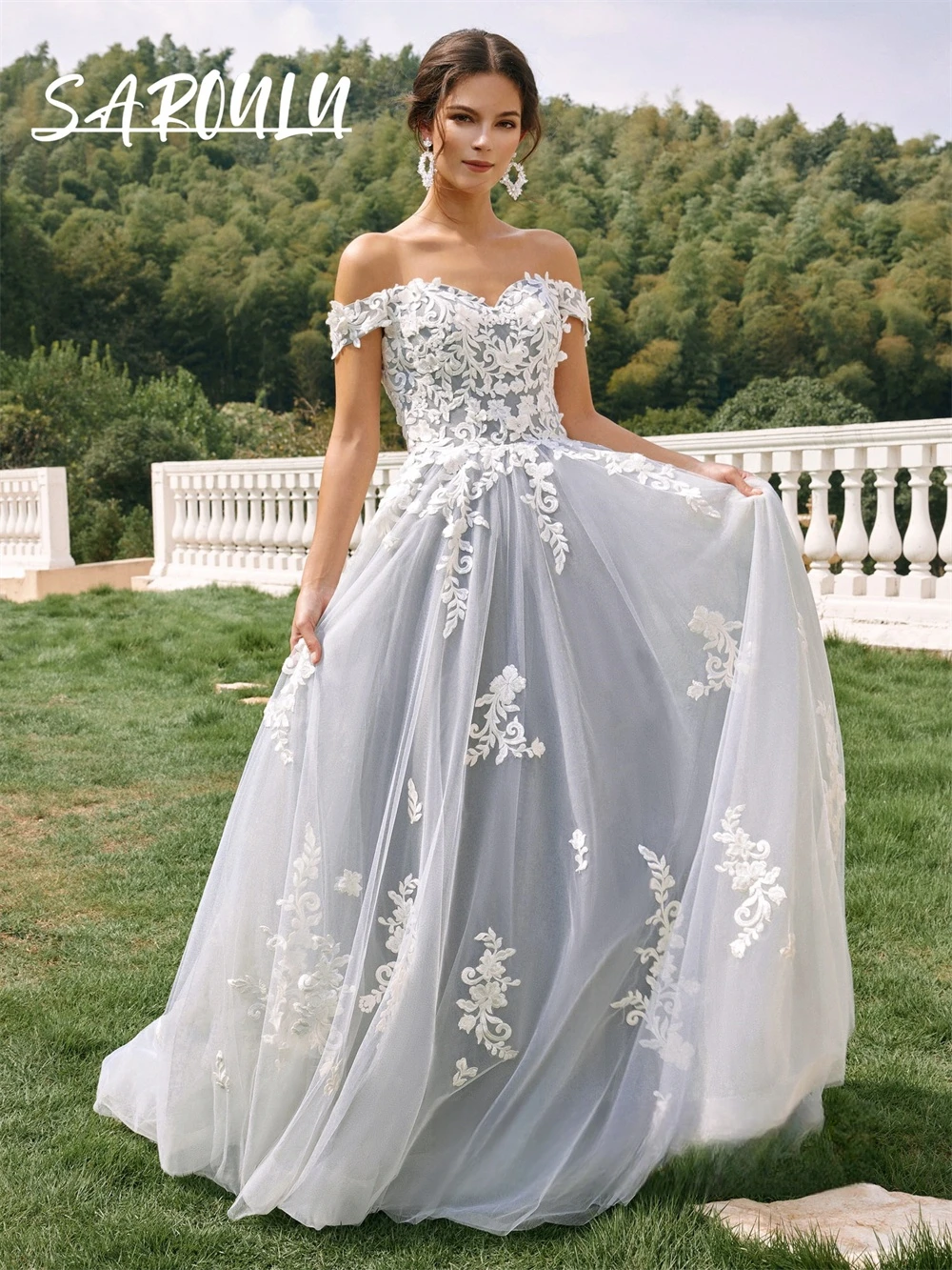 Dusty Blue Lining Wedding Dress Off Shoulder Lace Appliques A Line Bridal Gown A Line Off The Shoulder Classic Bride Dresses