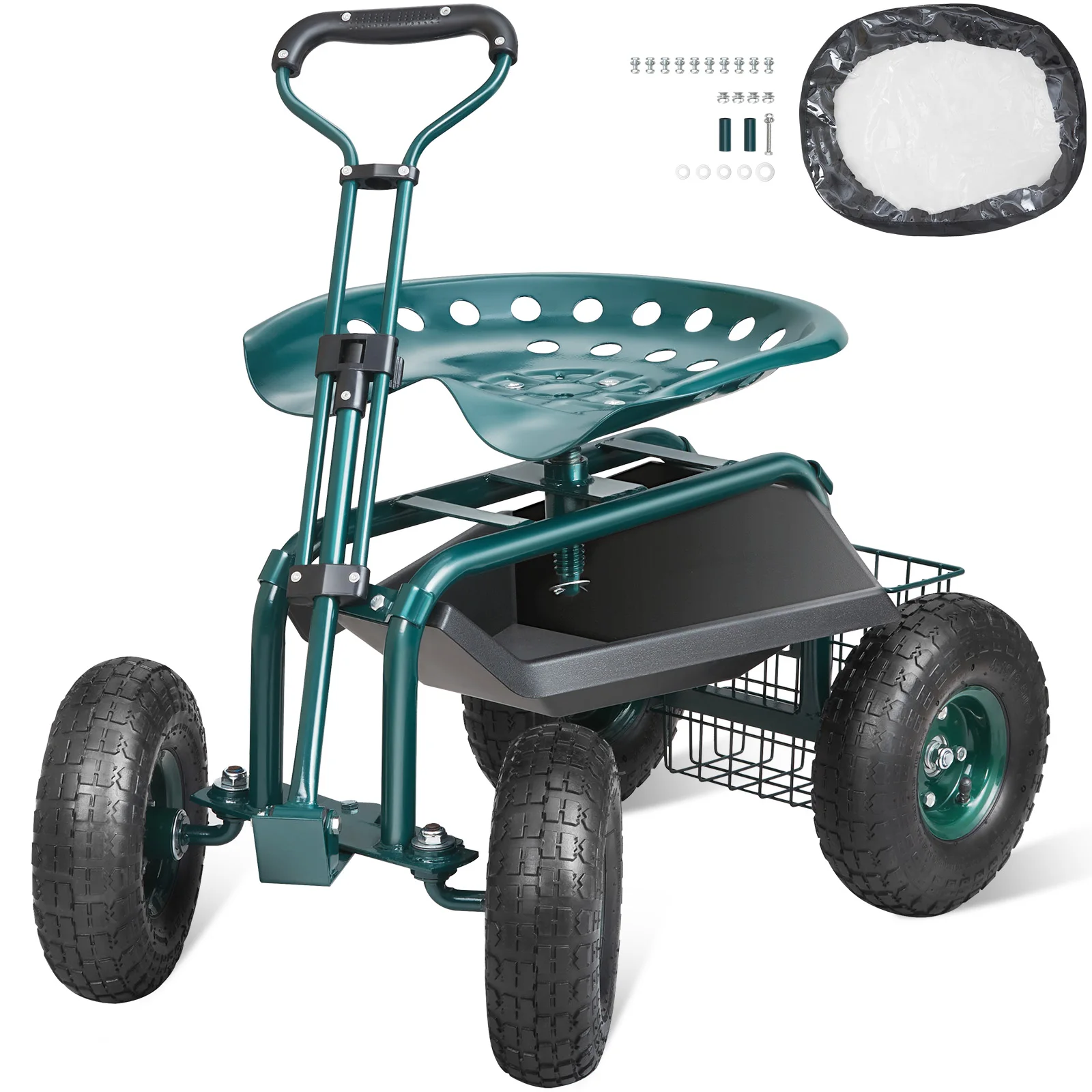 SucceBuy Gartenwagen, rollender Arbeitssitz mit Rollen, Gartenhocker zum Pflanzen, 360-Grad-Drehsitz, Wagenroller mit Lenkung