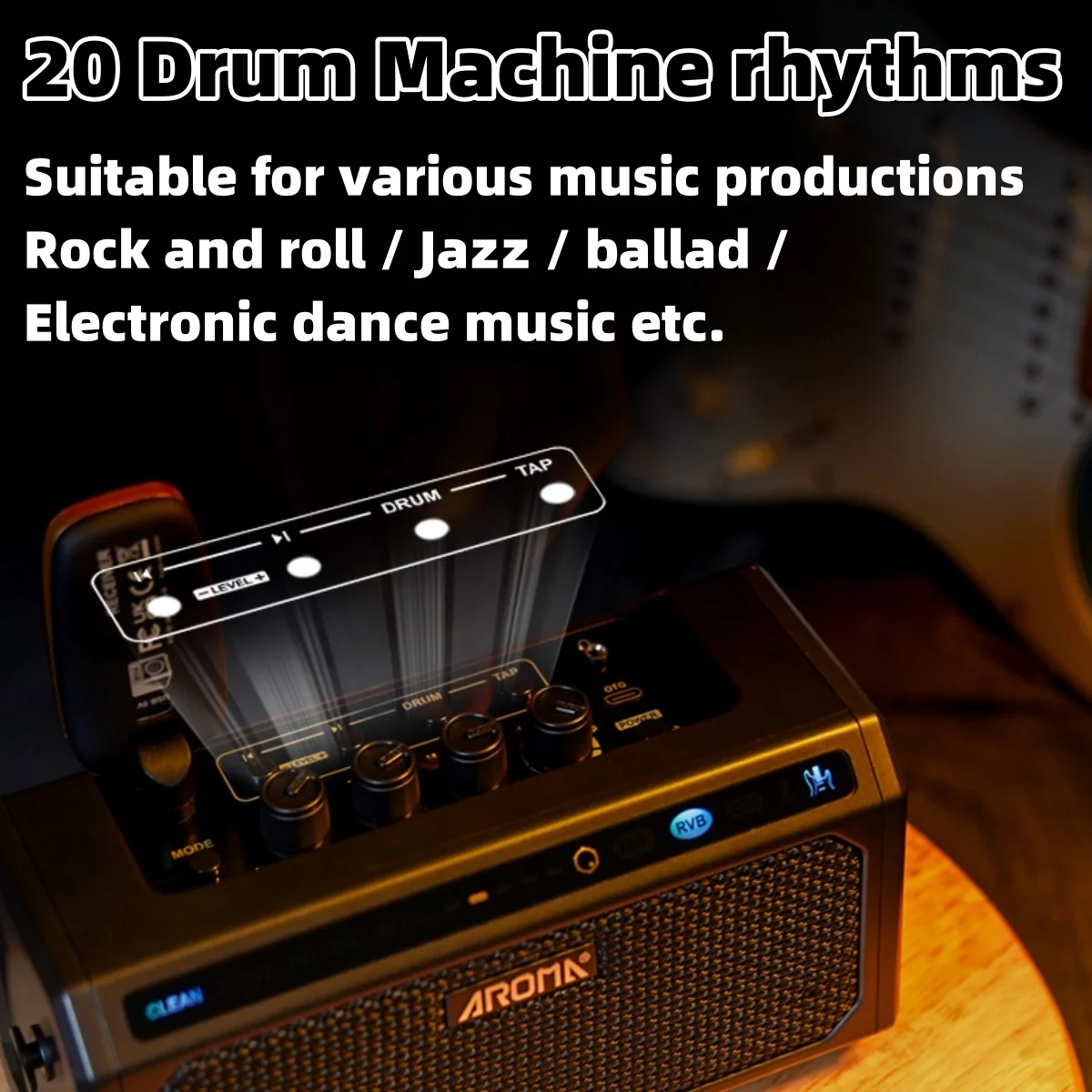 Electric Guitar Practice Amp Aroma TG-08 10W Bluetooth 5.3/5-Channel Reverb/Delay Effects 20 Drum Rhythms / 5.5H Working
