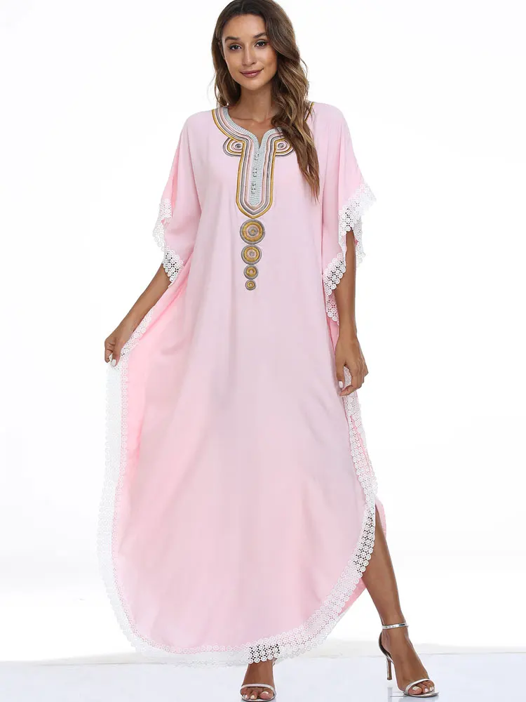 2022 Elegant Pink Embroidered Kaftan Retro V-neck Solid Dress Plus Size Women Clothes Summer Beach Wear Swim Maxi Dresses A1193