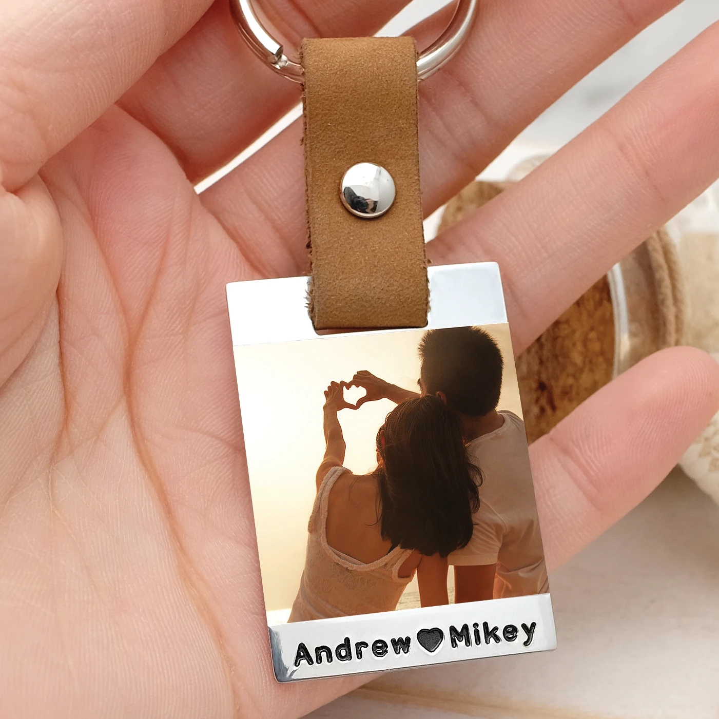 personalised photo keychain for men engraved leather picture keychain ring holder custom photo keyring gift for father s day Custom Photo Keychain with Names Personalized Couple Key Chain Picture Anniversary Key Ring Leather Key Fob Valentine's Day Gift