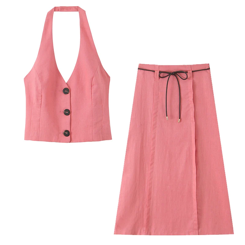 Belt Midi Skirts Two Piece Sets For Women 2025 New Chic Halter Crop Top Suits Street Casual Summer Woman 2 Piece Outfits