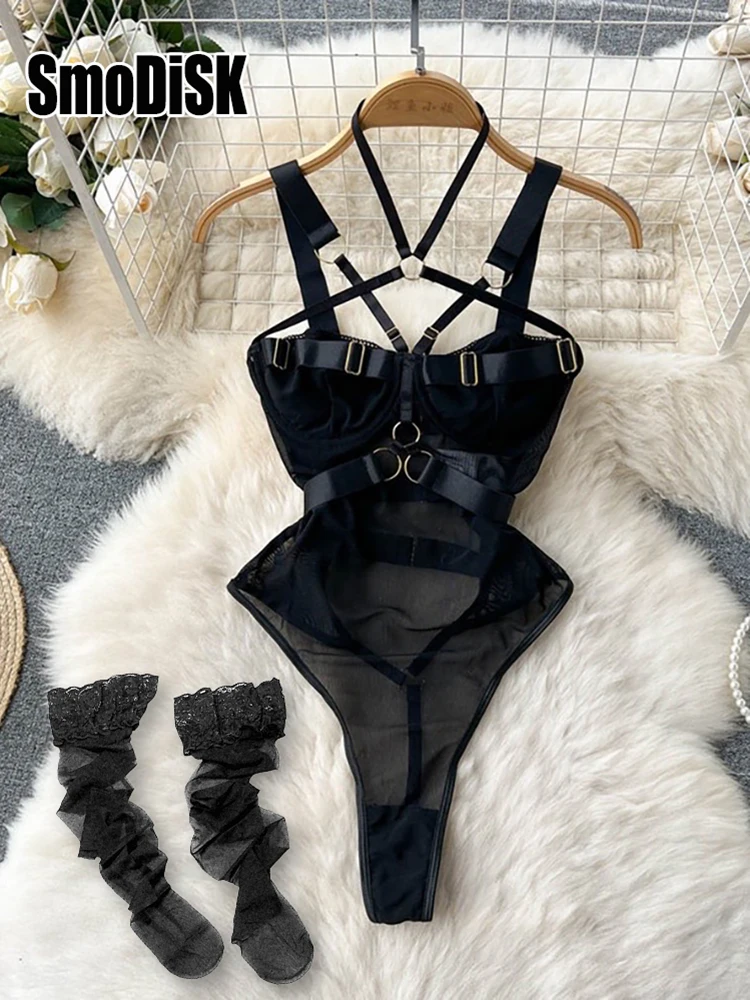 Women Erotic Bodysuit V-neck Lace Backless Jumpsuit Bras Sheer Lingerie  Hollow Underwear Sleepwear Sexy Customer Sex