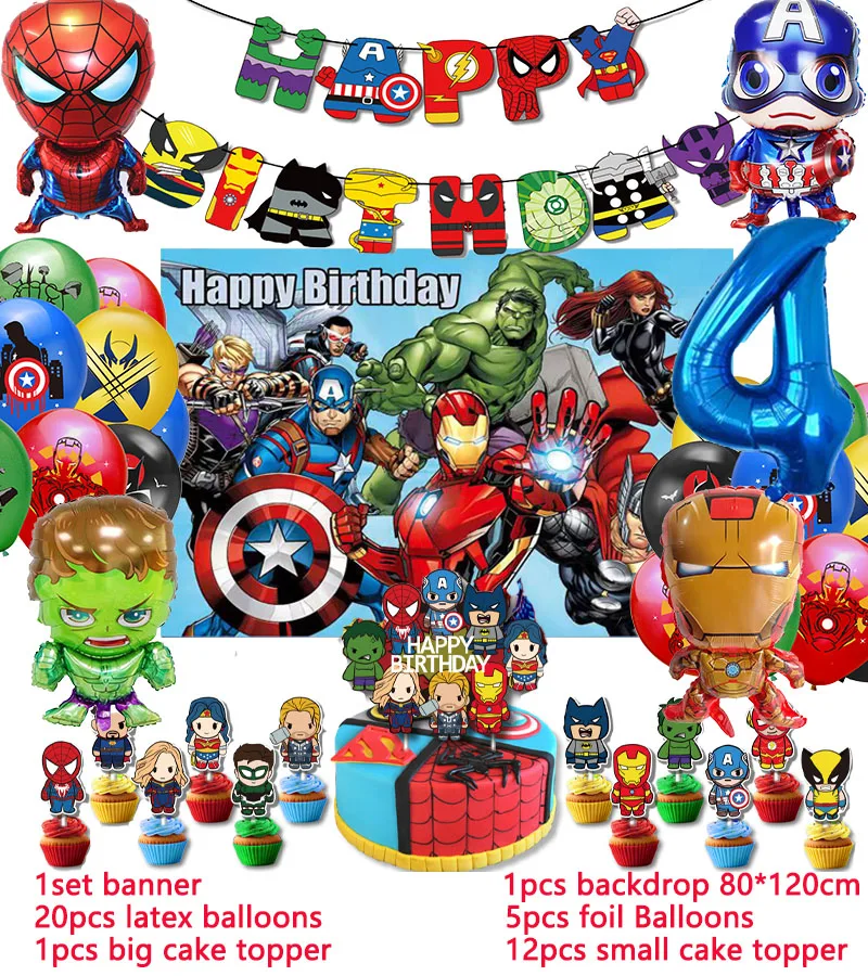 thumbnail image 1 of Decoración para fiesta de cumpleaños de superhéroes Globo de Los Vengadores Spiderman Iron Man Hulk Suministros para fiesta Vajilla Banner Telón de fondo, 1 of 5