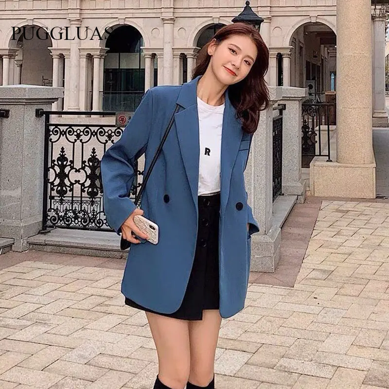 

2022 Casual Women Double Breasted Blazer Blue Black Office Lady Loose Classic Coat Suit Jacket Female Chic Outwear Outfits Femme