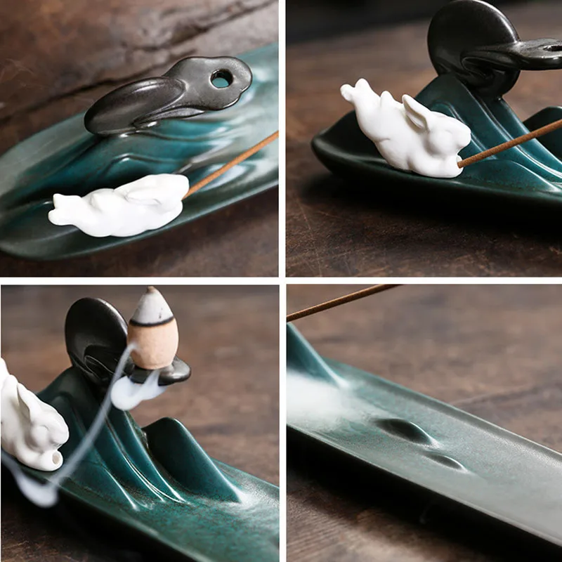 Creative Moon Rabbit Ceramic Backflow Incense Stove Handicraft Thread Incense Plug Holder Incense Seat Burner Home Decoration