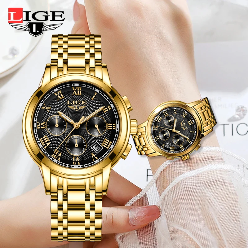 LIGE Golden Quartz Waterproof Women Wristwatches High Quality Japanese Movement Full  Steel Strap Fashion Watch for Women+Box