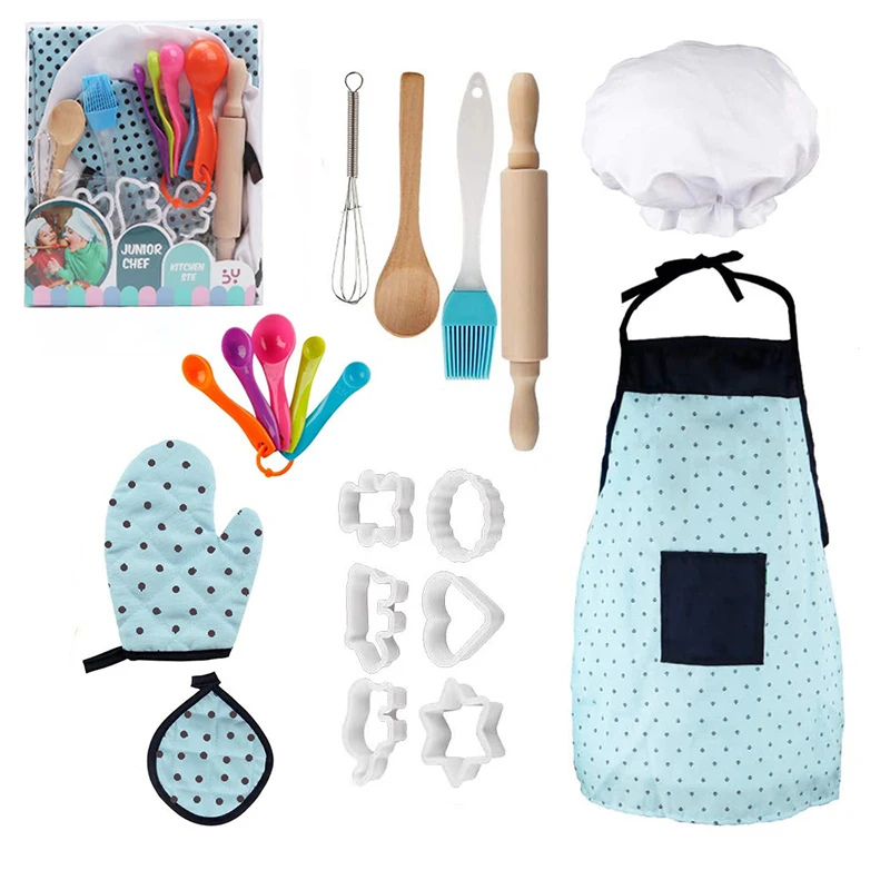 Children Cooking Baking Set Kitchen Toys Role Play Chef Hat Gloves Utensil Kitchenware Cooking Set Toddler Dress Up Toys Girls