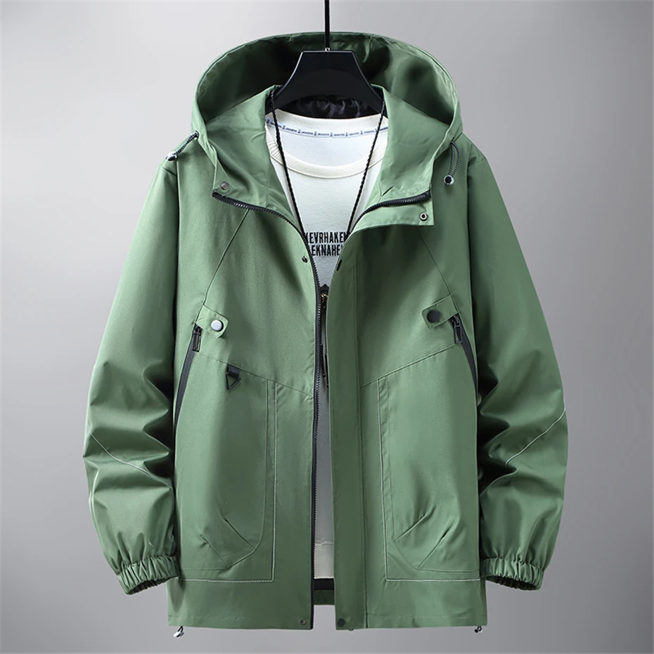 Black Windbreak Cargo Jacket Men Hooded Coat Plus Size 12XL Fashion Casual Solid Color Jackets Big Size 12XL Coats Male 3
