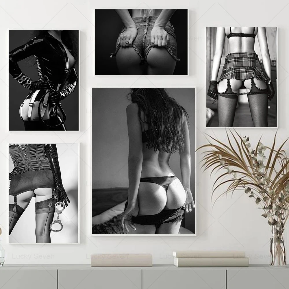 Sexy Woman In Thong and Handcuff Lesbian Poster Sex Buttock Print Black White Canvas Painting Wall Art Picture Bedroom Home Decor image