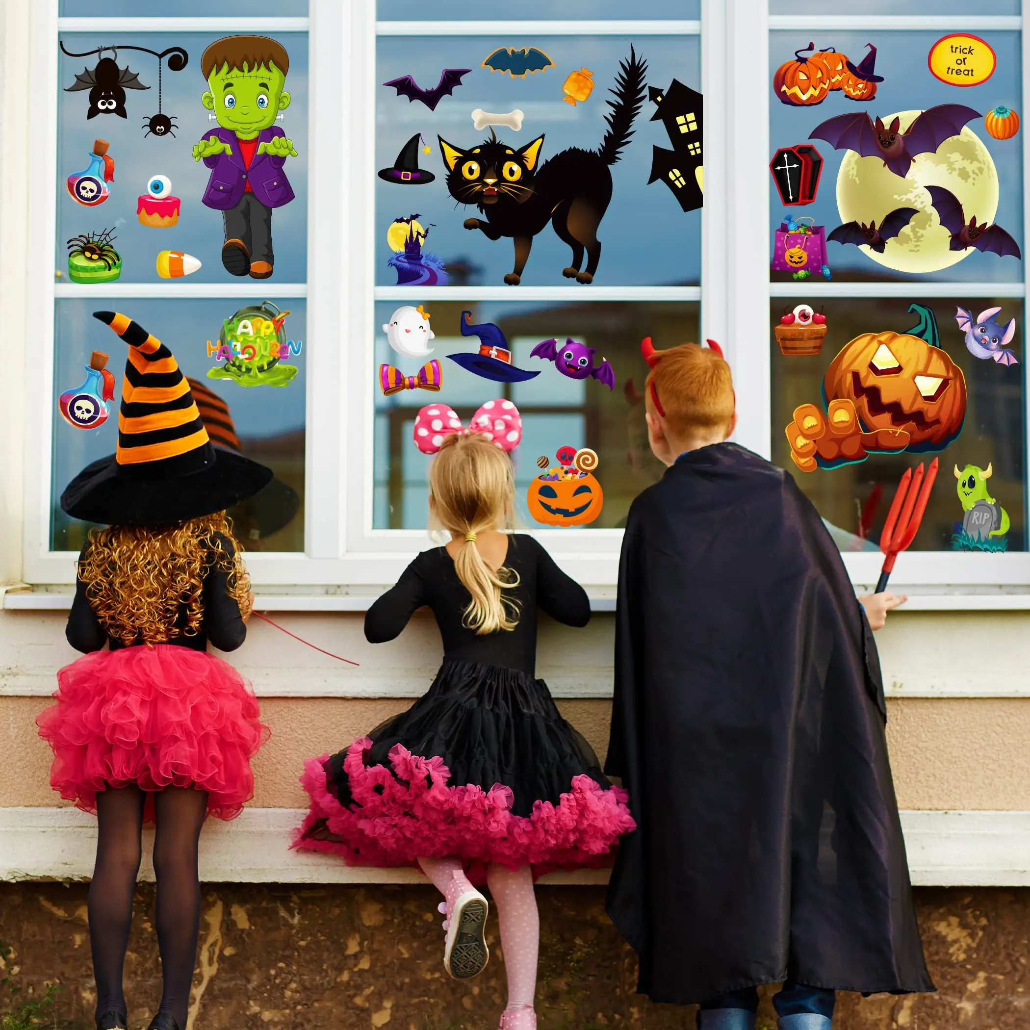 Halloween Window Clings Cute Pumpkin Human Skull Glass Decals For Kids Happy Halloween Party Decorations Window Stickers