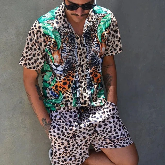 2024 Summer Men's Fashion Leopard Print Short Sleeve Shirt And Shorts Set Beach Style T Shirt Breathable Shorts Two Piece Set 1