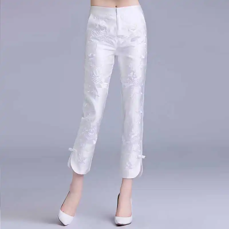New Chinese Style Improved cheongsam Women Pants Retro Embroidery Slim Tang Suit Cropped pants HB675