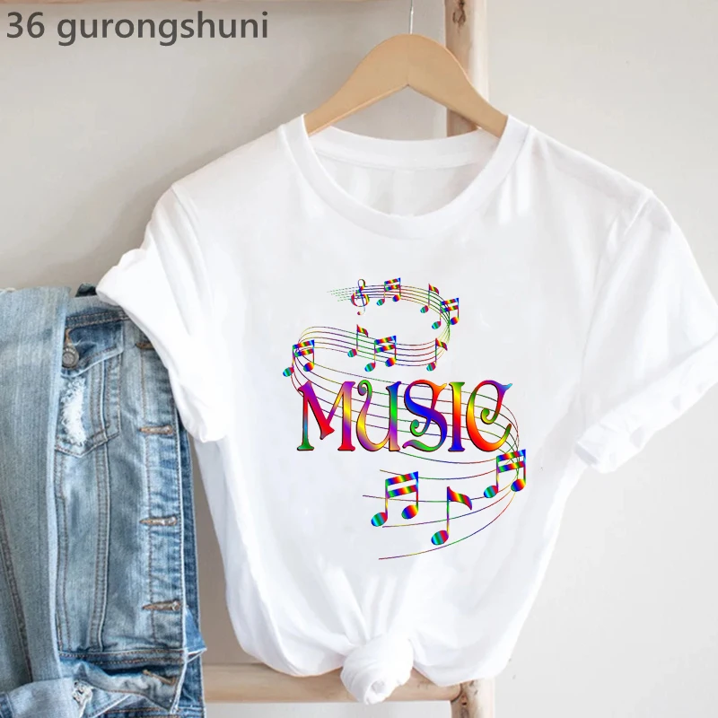 

Summer Fashion I Love Music Graphic Print Tshirt Women Cool White T-Shirt Femme T Shirt Female Music Lover Note Shirt Wholesale
