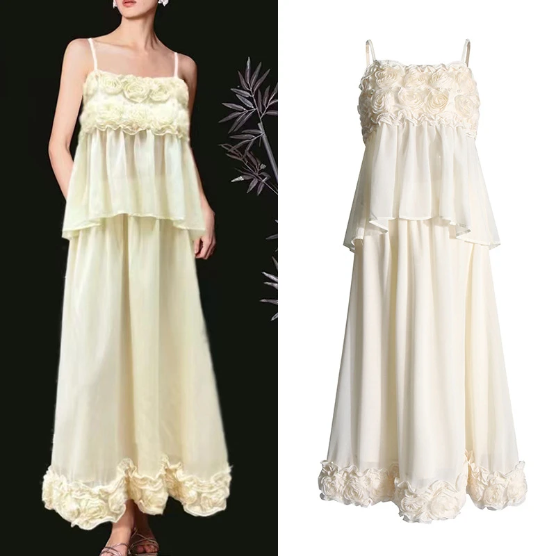 

Женский комплект из двух предметов, топ на бретельках с 3D цветочным украшением и юбка со средней талией и высокой талией, однотонный комплект из двух предметов, лето