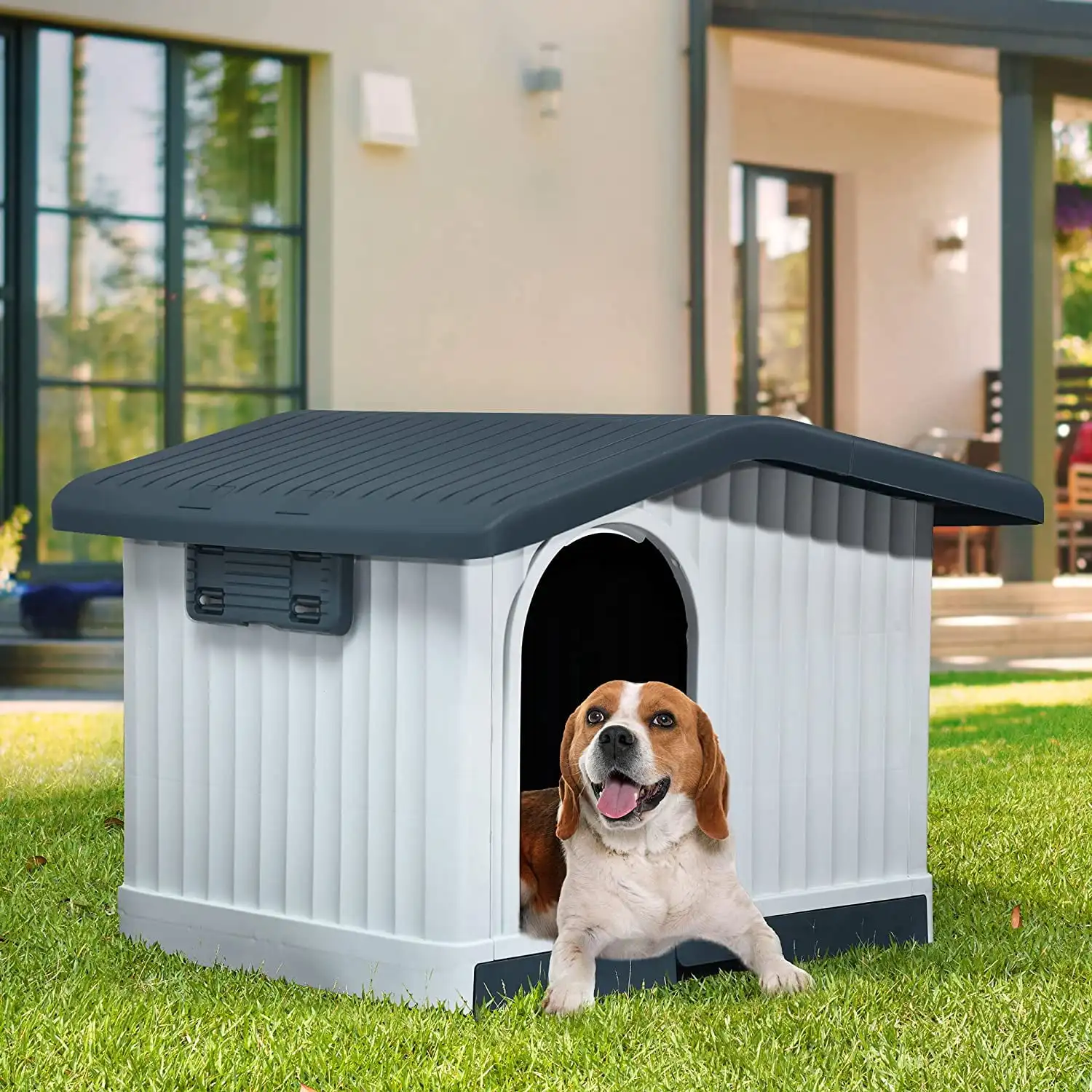 

Dextrus Large Plastic Dog House with Liftable Roof, Indoor Outdoor Doghouse Puppy Shelter with Detachable Base and Adjustable