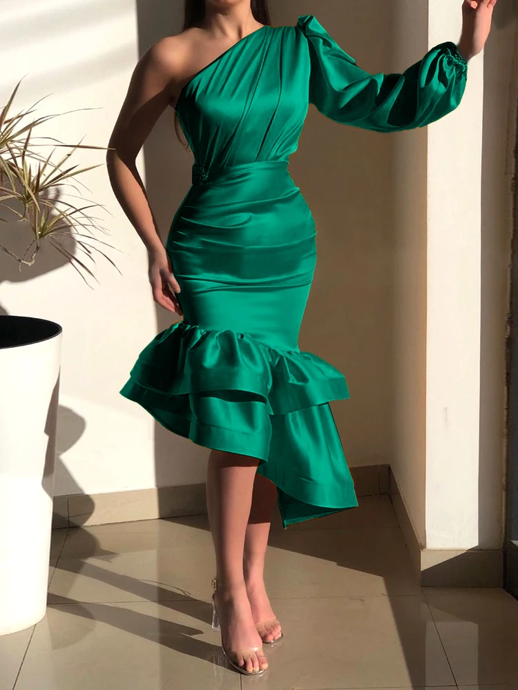 Green One Shoulder Dresses Elegant Women Long Sleeve Eimpire Bodycon