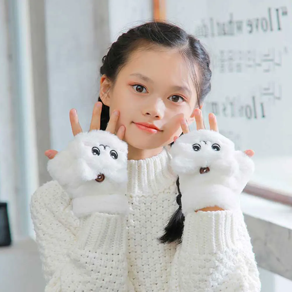 Kawaii Animals Fur Mittens Winter Warm Gloves for Children Kids Ear Flip Mitten Plush Glove Fingerless Thicken Glove Finger Gift