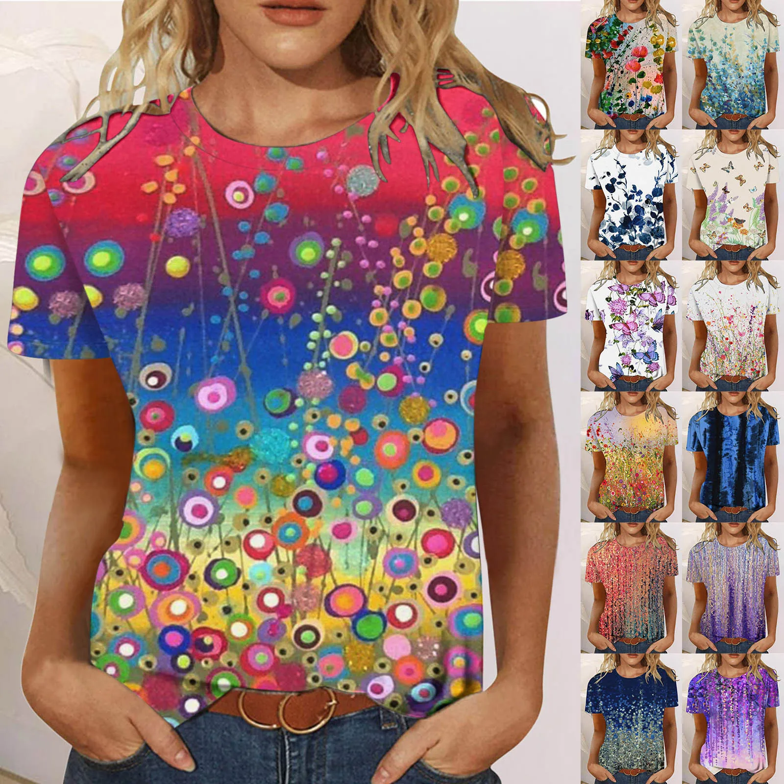 

Женская Повседневная Свободная летняя футболка с круглым вырезом и принтом, топ с коротким рукавом, модная футболка для отдыха, женская одежда, Женская туника, блузка
