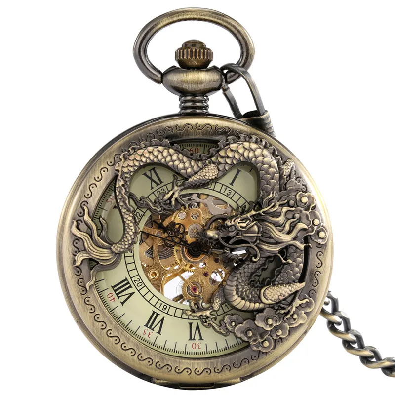 Old Fashion Hollow Out Dragon Half Hunter Clock Hand Wind Mechanical Skeleton Pocket Watch for Men Women Pendant Chain Timepiece