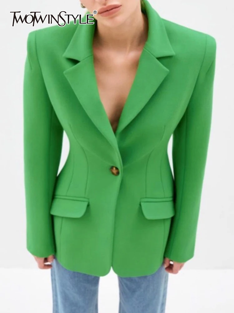 

TWOTWINSTYLE Korean Fashion Solid Blazer For Women Notched Collar Long Sleeve Minimalist Spring Blazers Female Clothes Style New