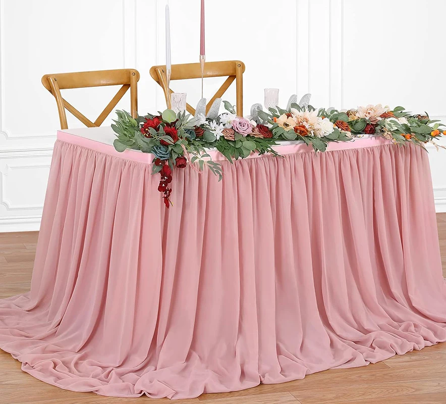 1 Pink Chiffon Table Skirt Rectangle/Round Tables Sheer Tablecloth for Baby Shower Birthday Party Wedding Cake Table Decorations