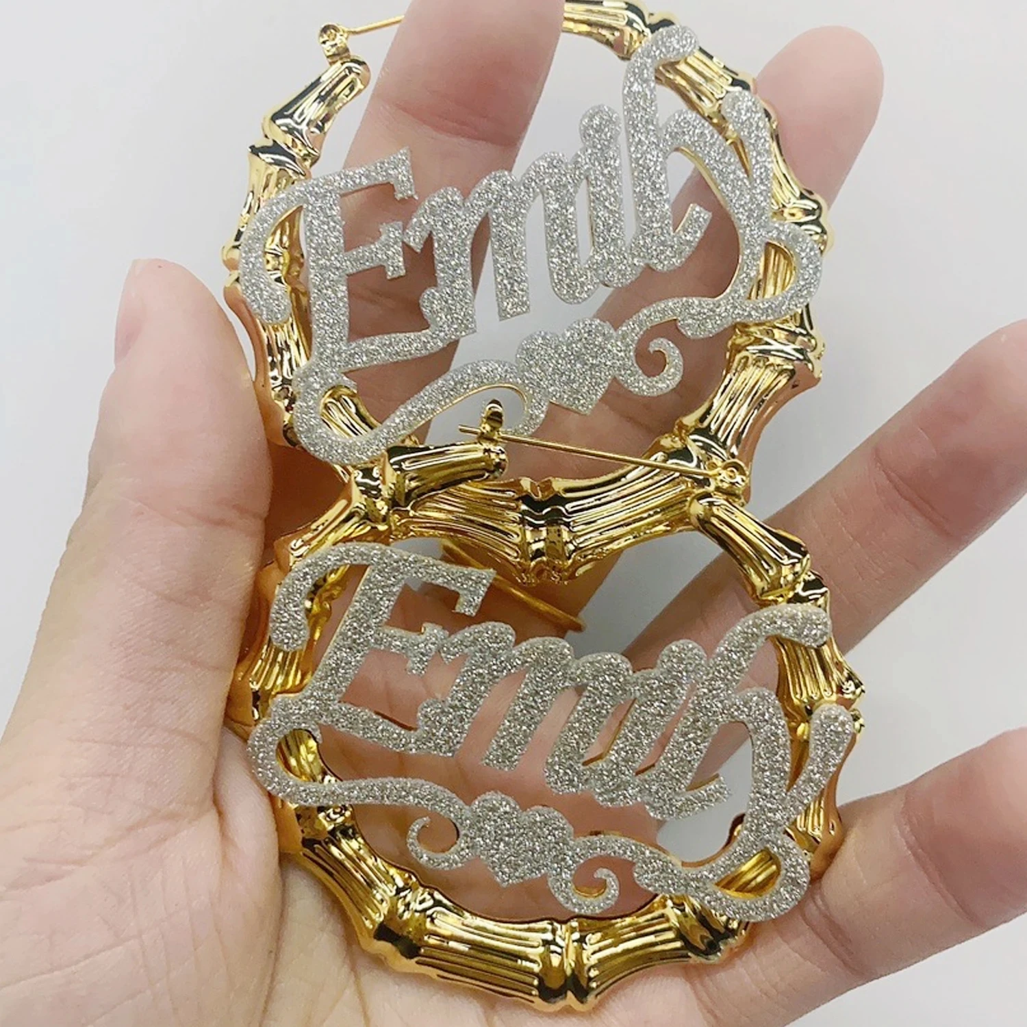 Customized Bling Bamboo Hoop Name Earring Stainless Steel Earrings Bamboo Style Personality Name Hiphop Sexy Jewelry Gift Her